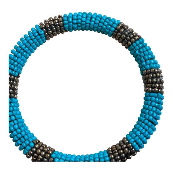 Blue Dark Gold Tone Seed Bead Bangle Bracelet - Picture 3 of 4